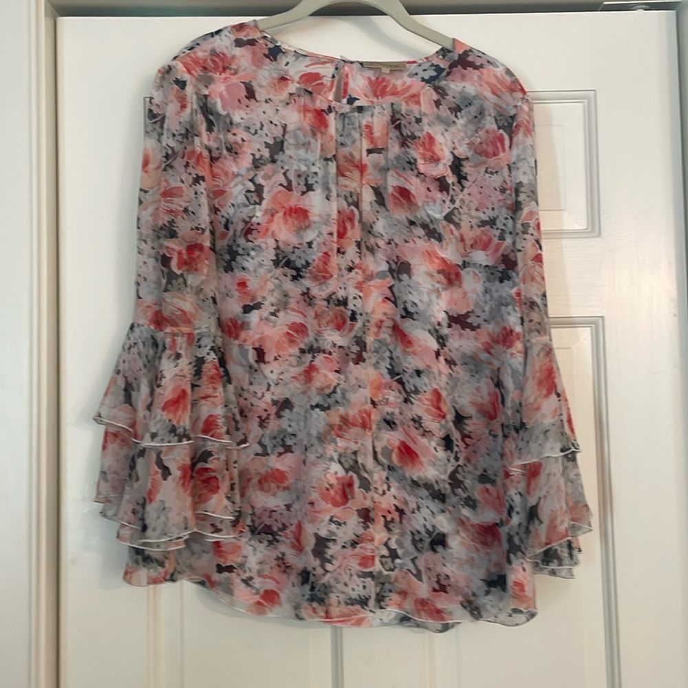 Silk PORTS Size 12 floral blouse long flowy sleeves